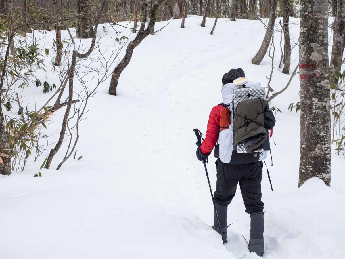 冬の大日ヶ岳を登る後ろ姿