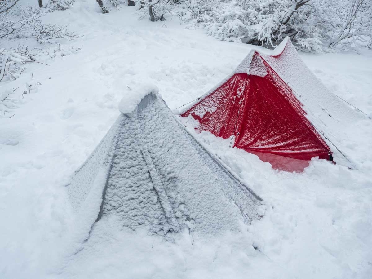 雪上にテントを設営