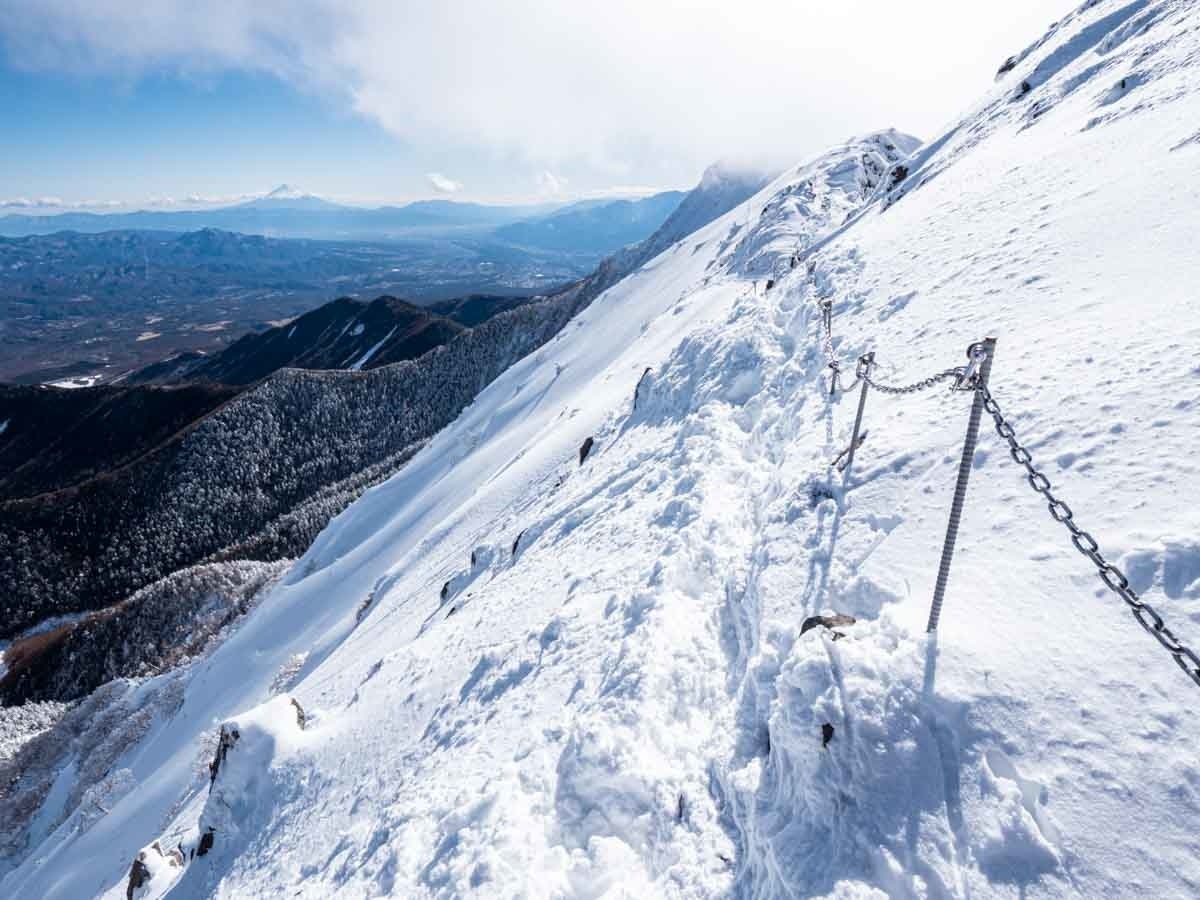 雪山の鎖場トラバース