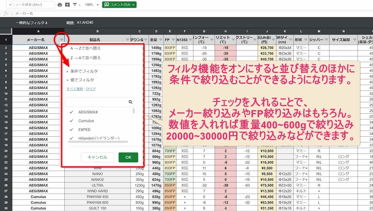 スプレッドシート フィルタ機能