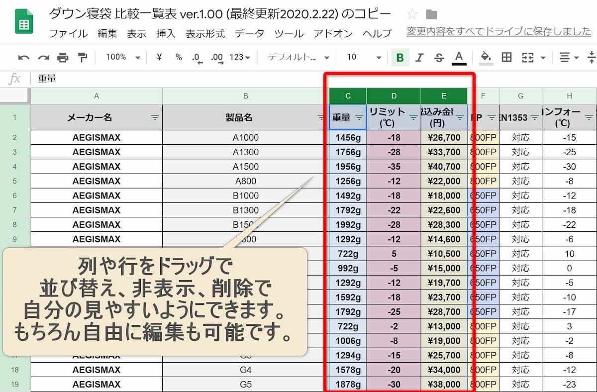 スプレッドシート 列の並び替え