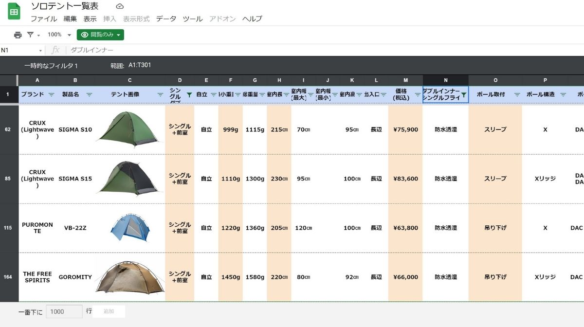 テント一覧 スプレッドシート