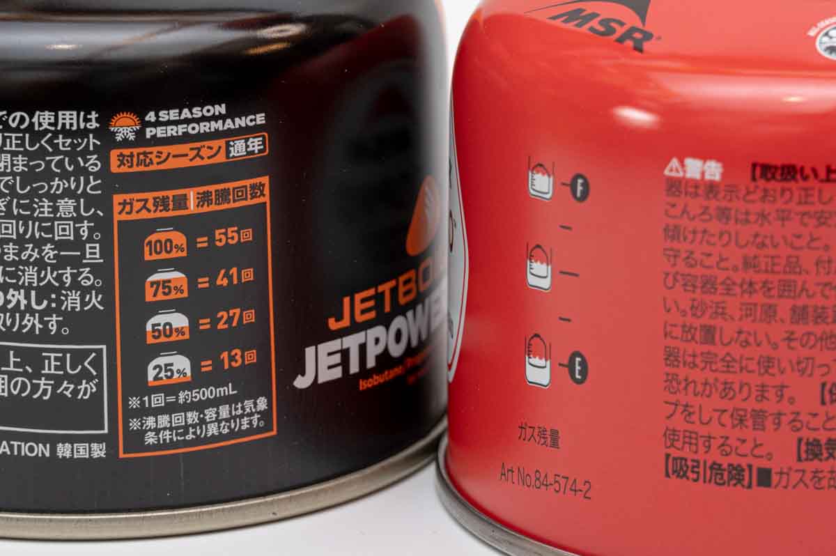 ジェットボイル缶には使用回数が書いてあり、MSR缶に水に浮かべる方法が書いてある