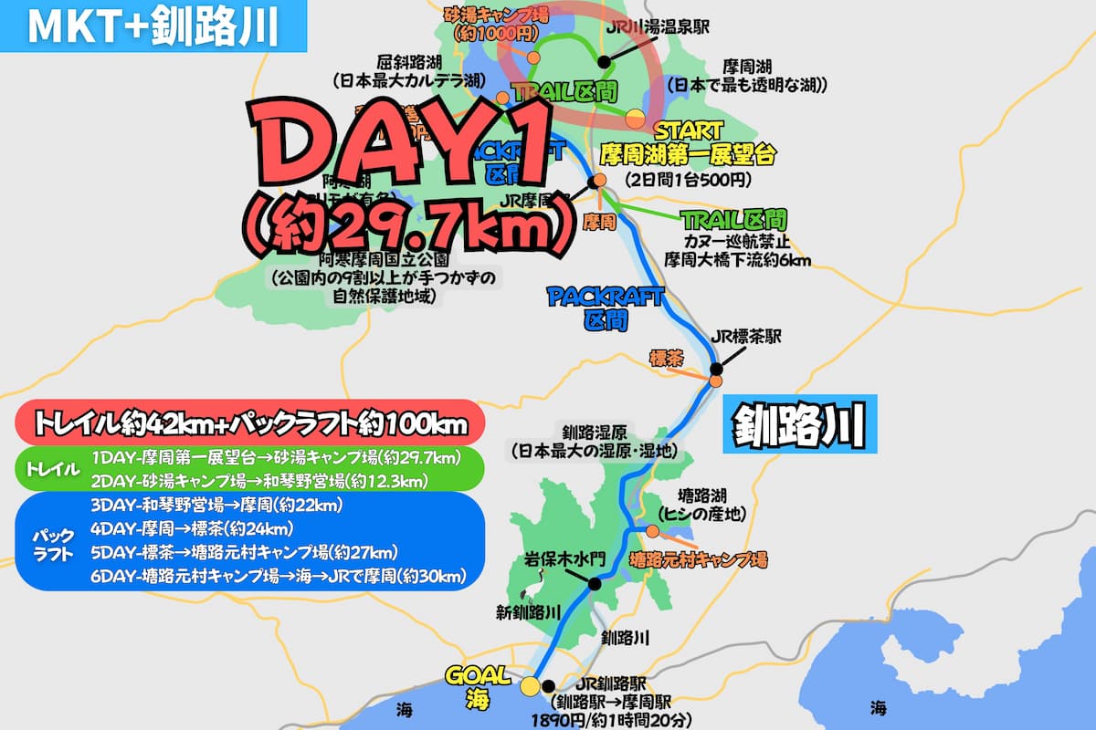 摩周屈斜路トレイルとパックラフトで釧路川を下る日ごとの行程地図