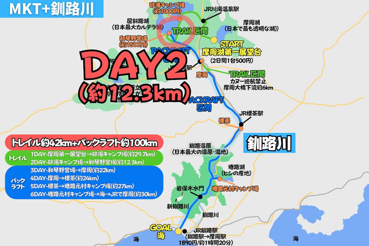 摩周屈斜路トレイルとパックラフトで釧路川を下る日ごとの行程地図