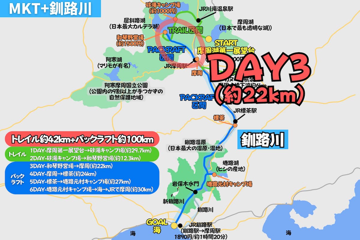 摩周屈斜路トレイルとパックラフトで釧路川を下る日ごとの行程地図