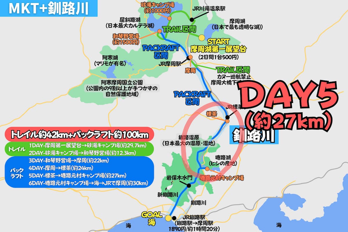 摩周屈斜路トレイルとパックラフトで釧路川を下る日ごとの行程地図