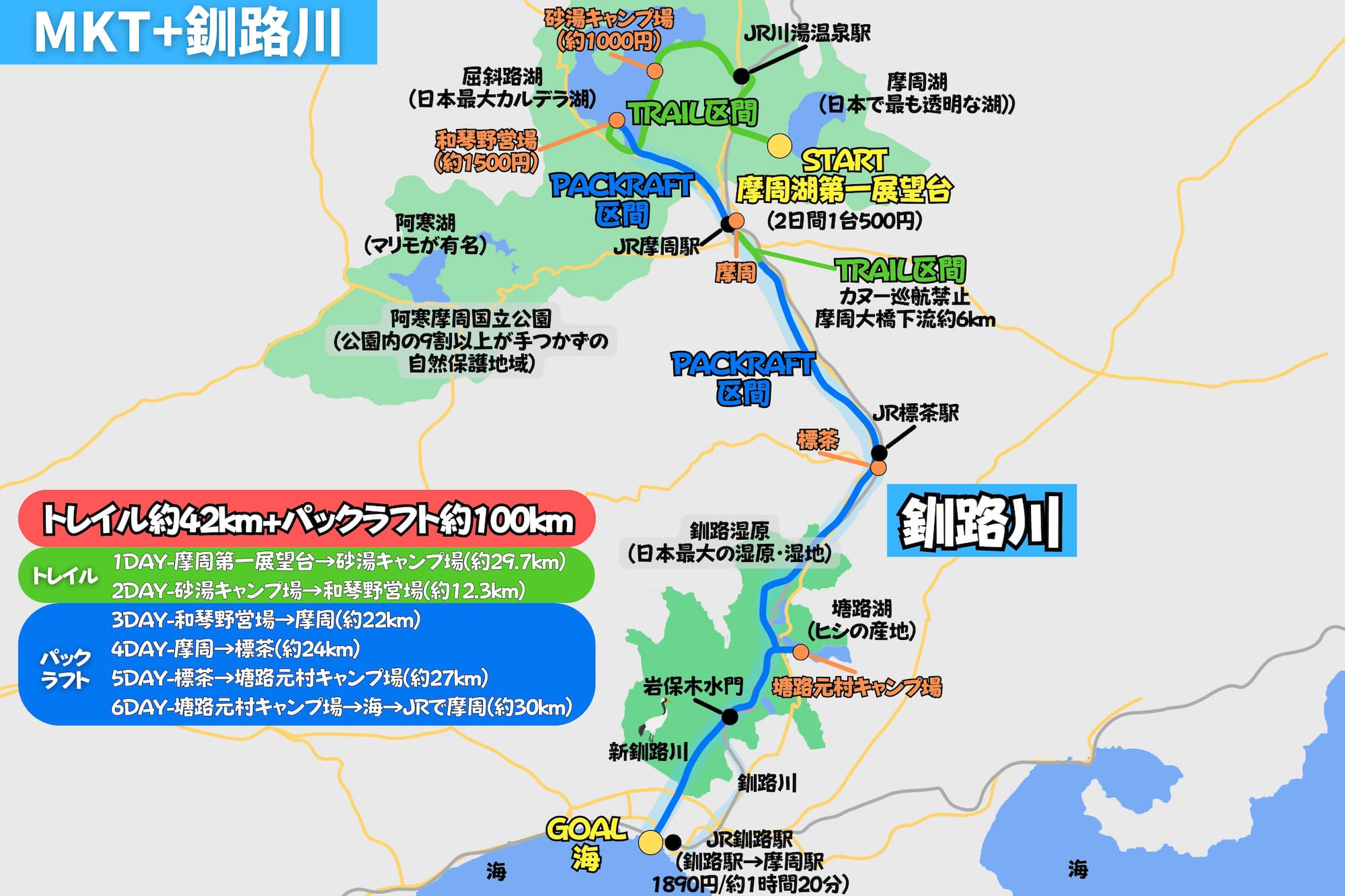 摩周屈斜路トレイルから釧路川をパックラフトで下った地図