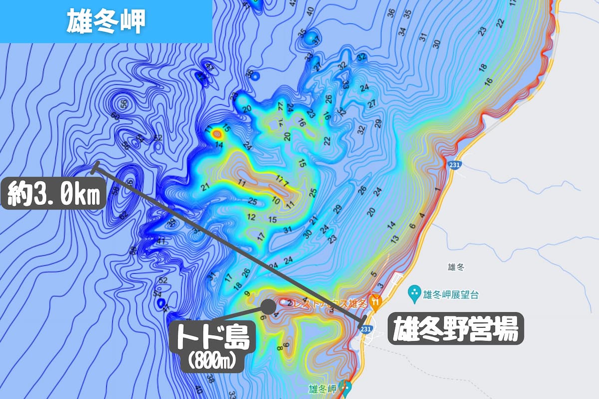 増毛雄冬岬の水深マップ