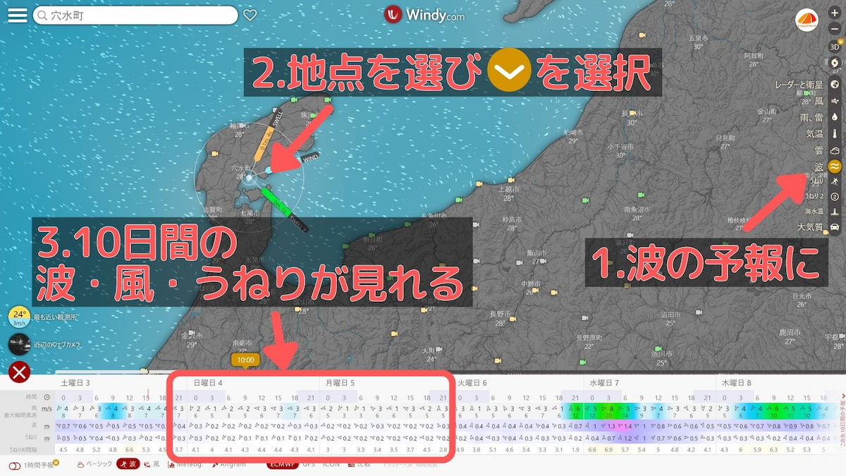 windy 海の波と風予報